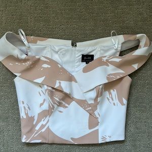 Bardot pink and white floral shirt off the shoulder crop top, size 2